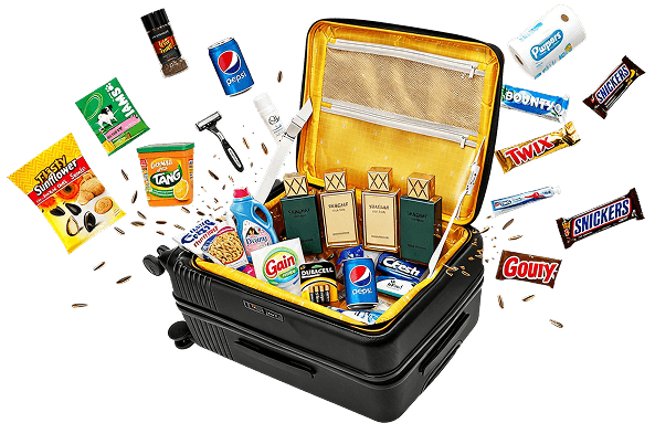 Suitcase packed with imported chocolates, perfumes, and drinks